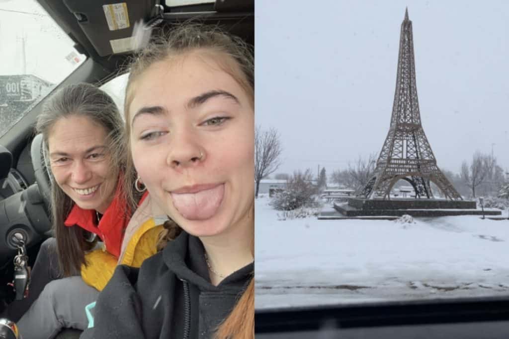 Roche Percee Selfie style photo of Jen and Sarah inside the van next to a picture of the Montmartre Eiffel Tower with snow covering the ground.