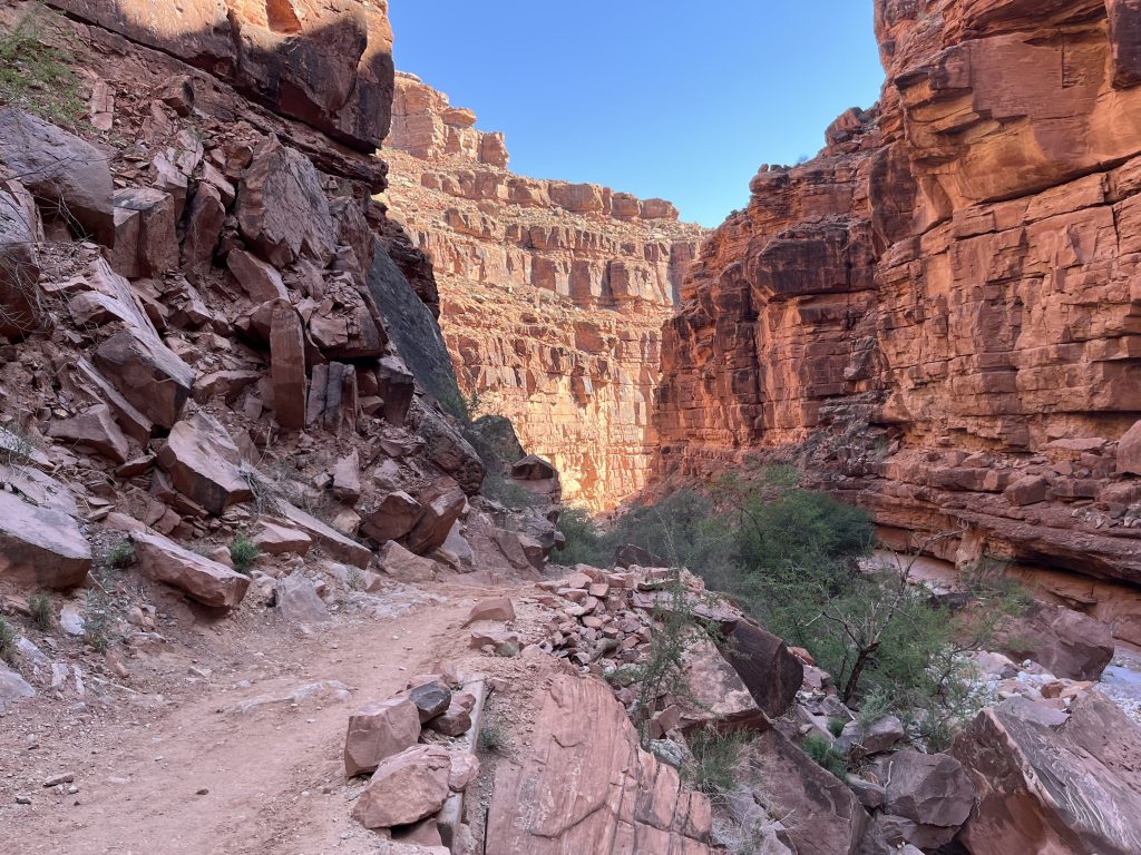 The Havasupai trail with the towering canyon walls on either side