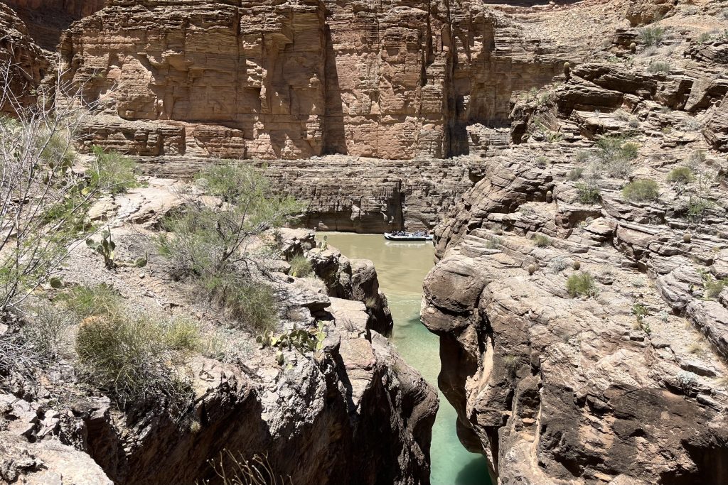 Havasupai confluence with canyon walls in the foreground.