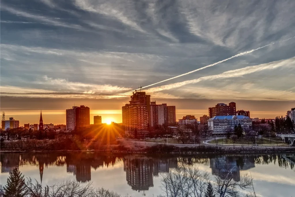 Sunset over Saskatoon's downtown skyline