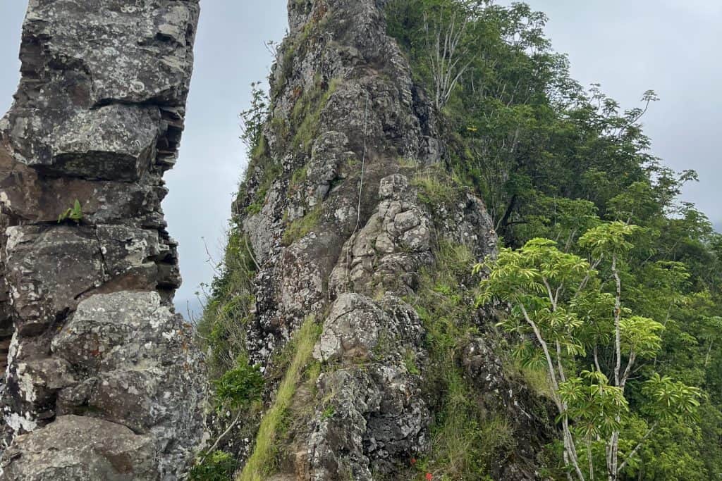 View of the vertical rope assisted climb up to the third Peak.