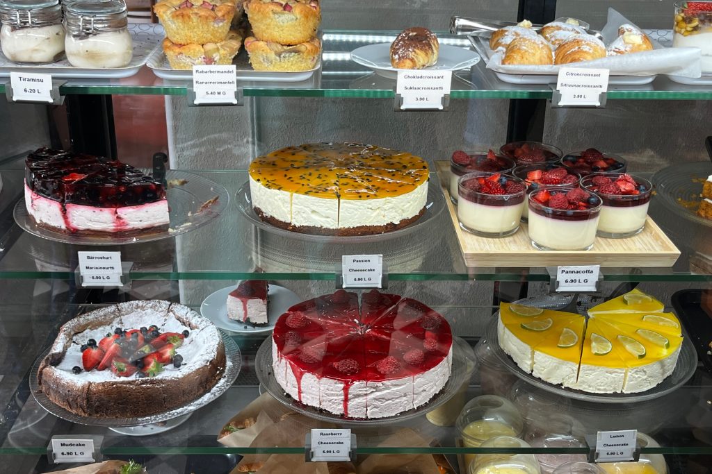 Rows of cheese cakes and other pastries available at Cafe Fanny's