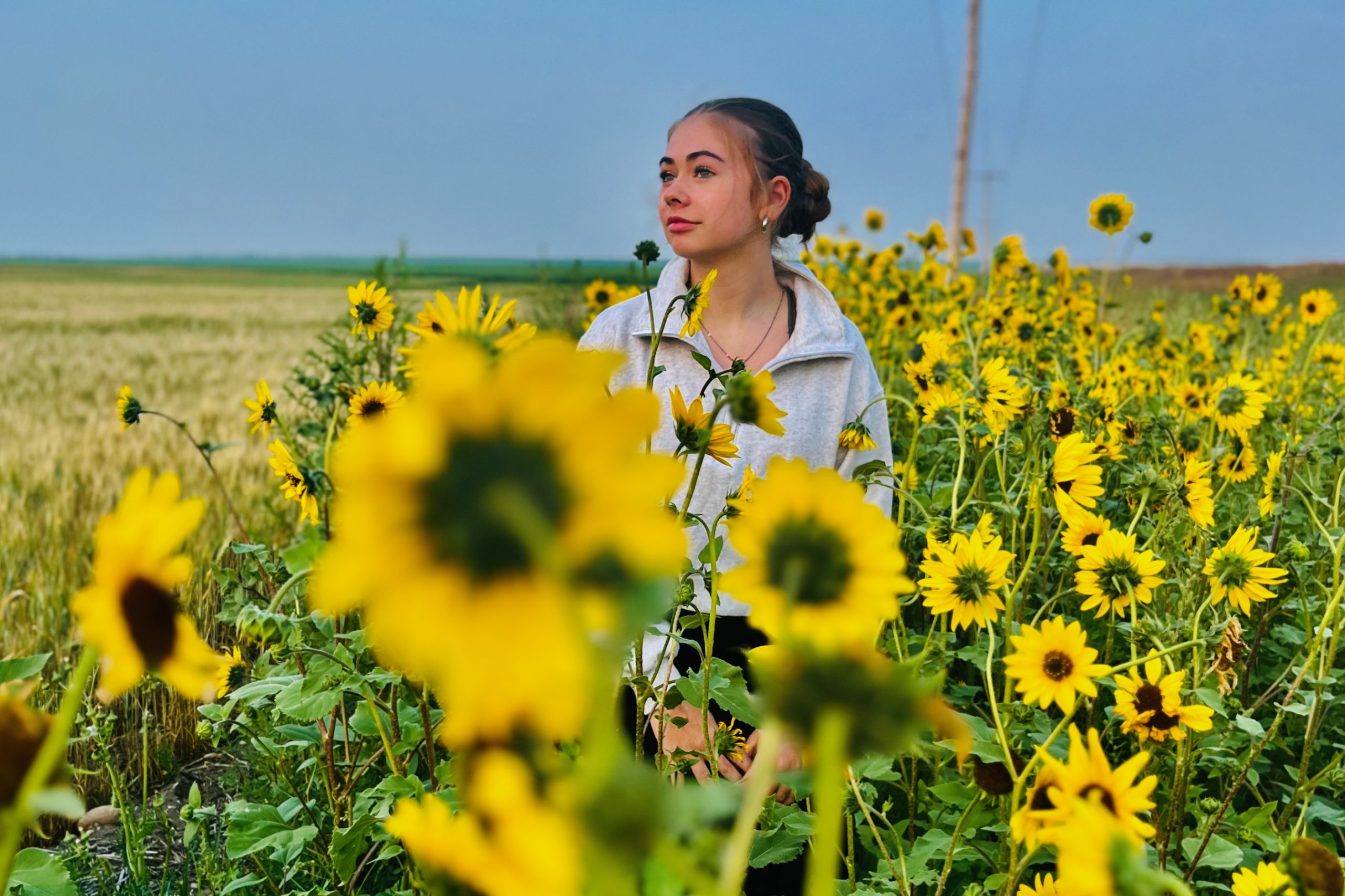 Big Muddy Badlands Saskatchewan Sarah standing in a field of sunflowers, looking off into the distance