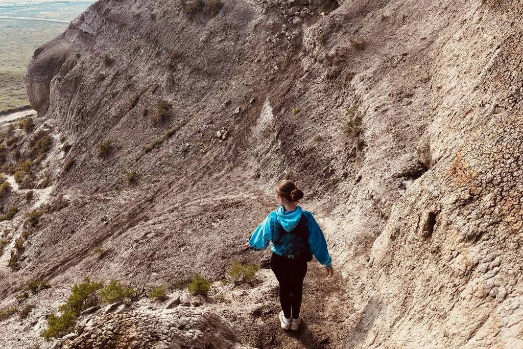 Big Muddy Badlands Saskatchewan Sarah getting ready to descend Castle Butte