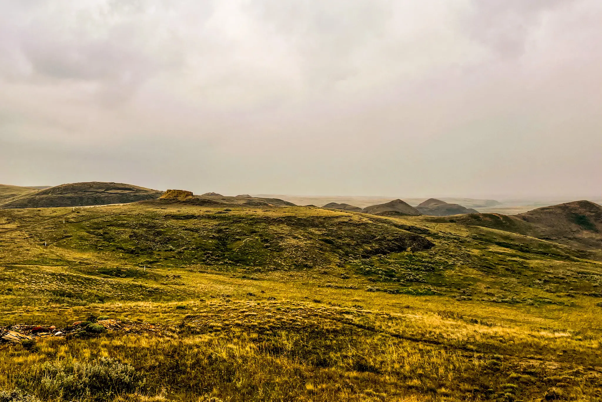 Rolling hills and grassy coulees in the Valley of 1000 Devils, Saskatchewan.