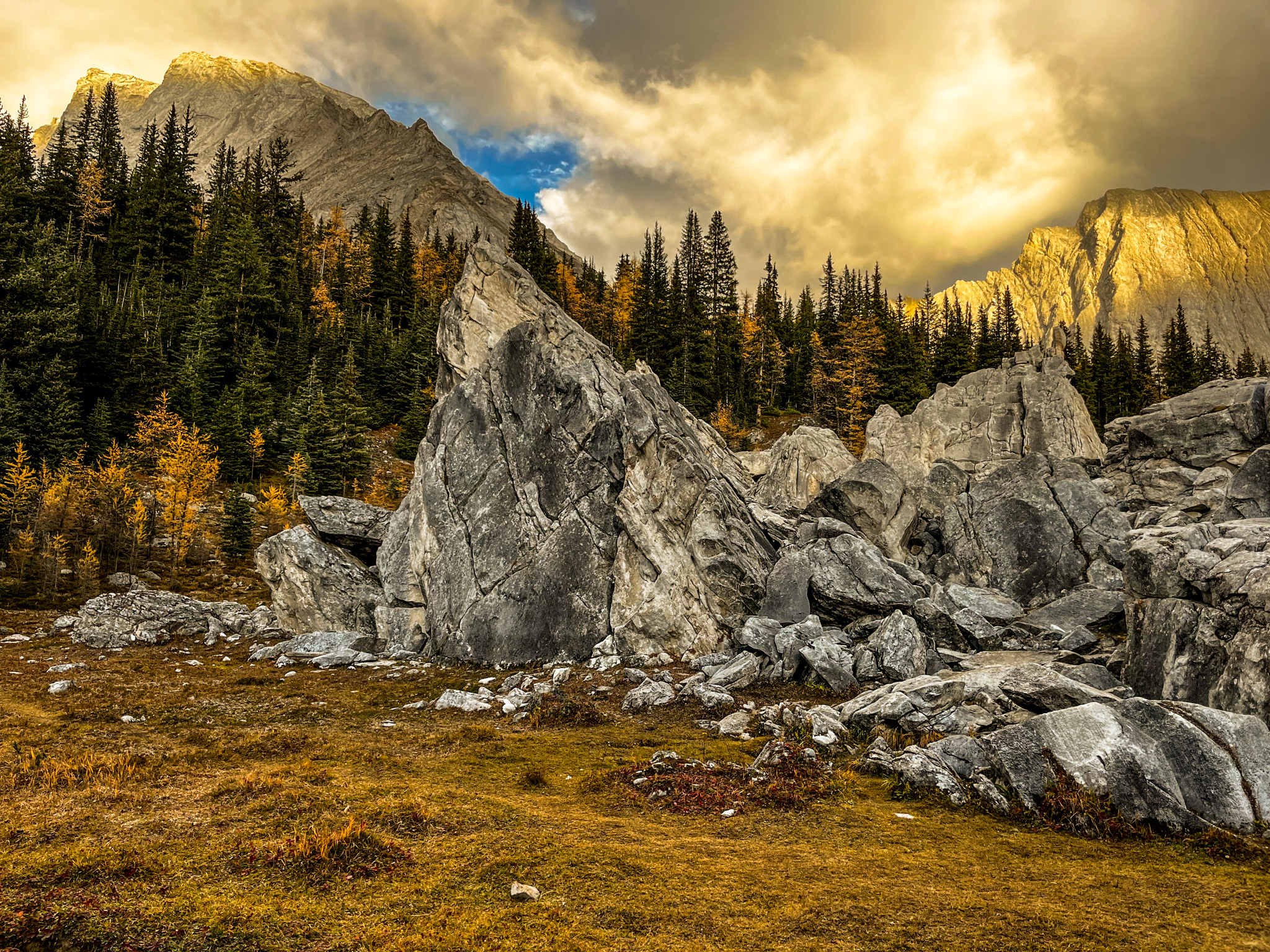 Large boulders at Elephant Rocks with golden larch trees and mountains in the background during golden hour