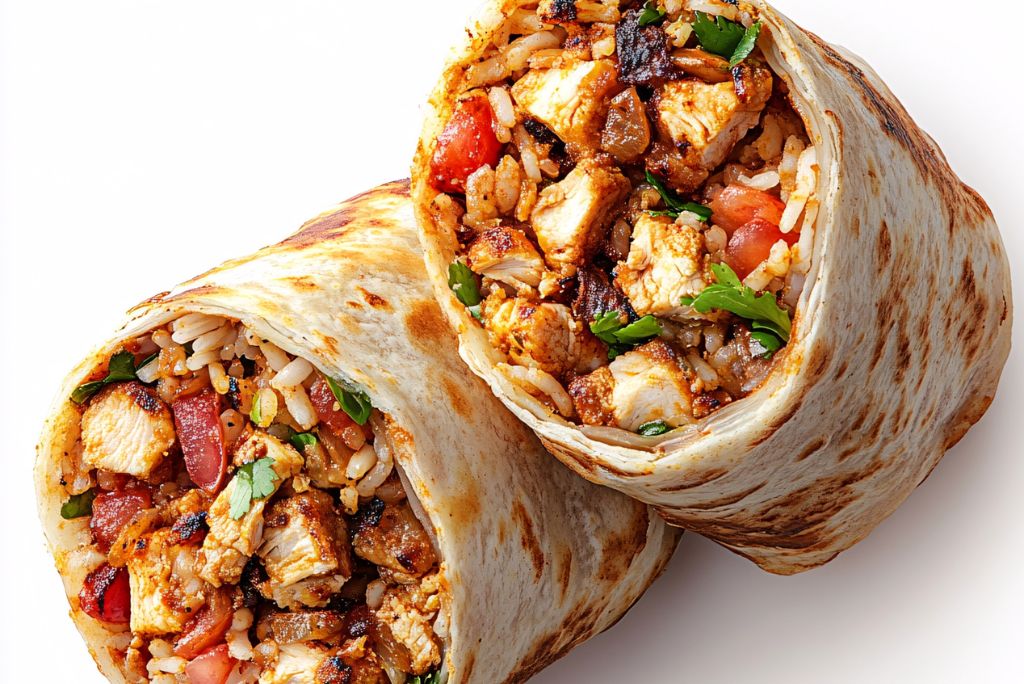 hiking fuel for high elevations a wrap cut in half with chicken, rice, and veggies to help refuel at the summit of a high elevation hike.