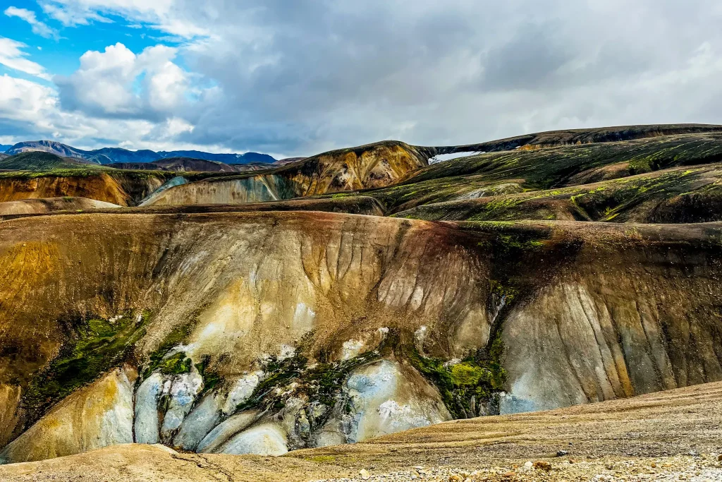 Colourful rhyolite hills and eroded geothermal terrain after Landmannalaugar
