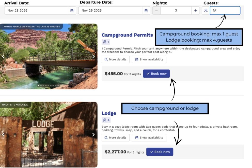 computer screenshot with instructions for bokking a permit to Havasupai Falls