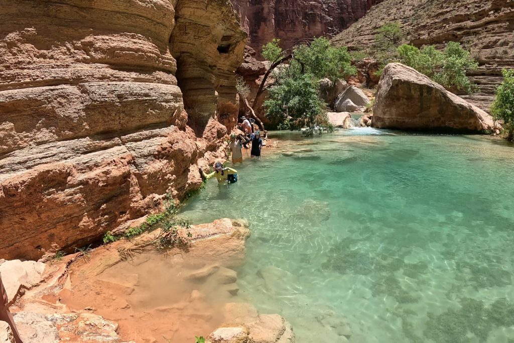 Chest-deep river crossing in clear turquoise water along Havasu Creek on the hike to the Colorado River Confluence, with canyon walls and hikers in the background