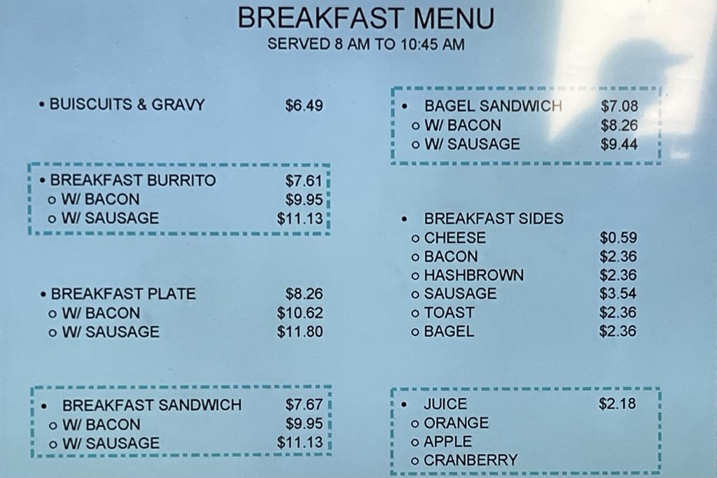 Breakfast menu at Supai Cafe with prices.