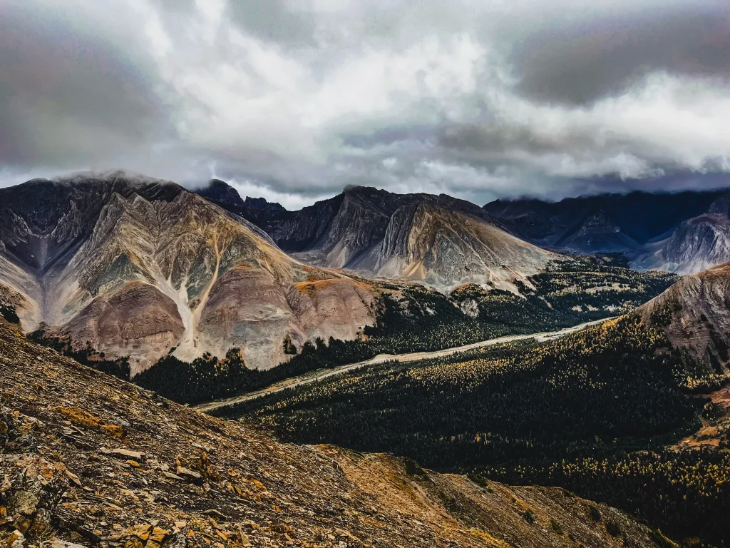 Rocky mountain ridges above Highway 40 viewed from Pocaterra Ridge