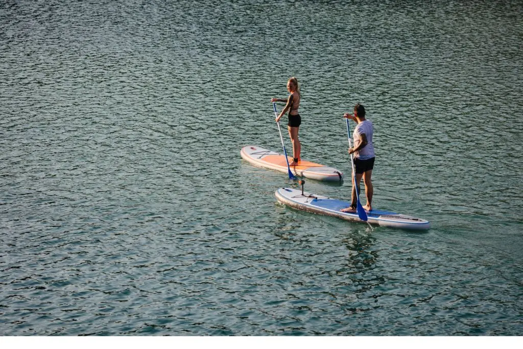 two people on paddleboards on in the middle of water.