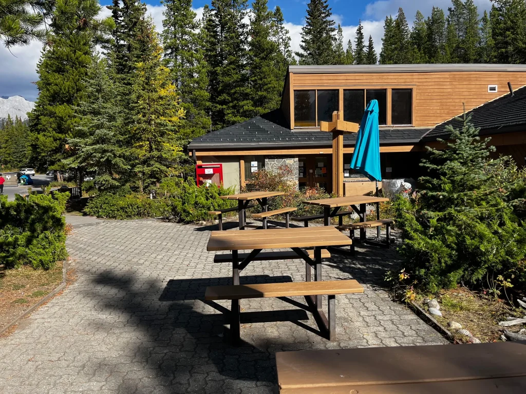 Boulton Creek Trading Post surrounded by evergreen trees with an outdoor seating area